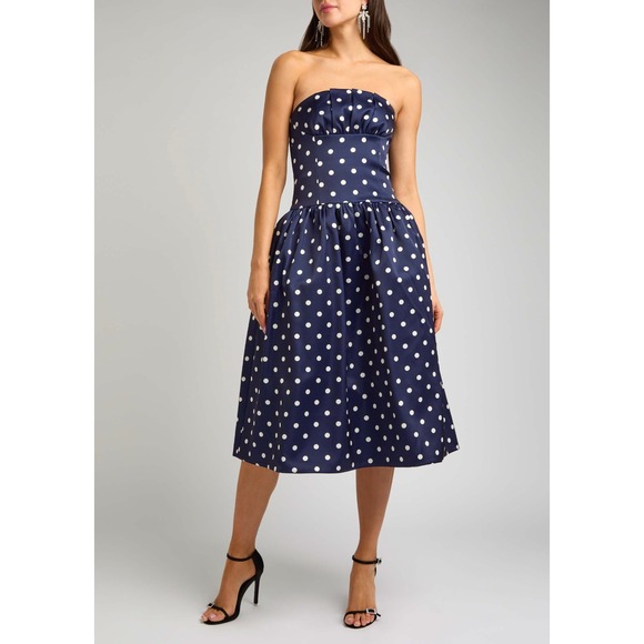 Self-Portrait Dresses & Skirts - B67 Self Portrait Polka Dot Midi Dress 8 Strapless Satin Navy White Cocktail